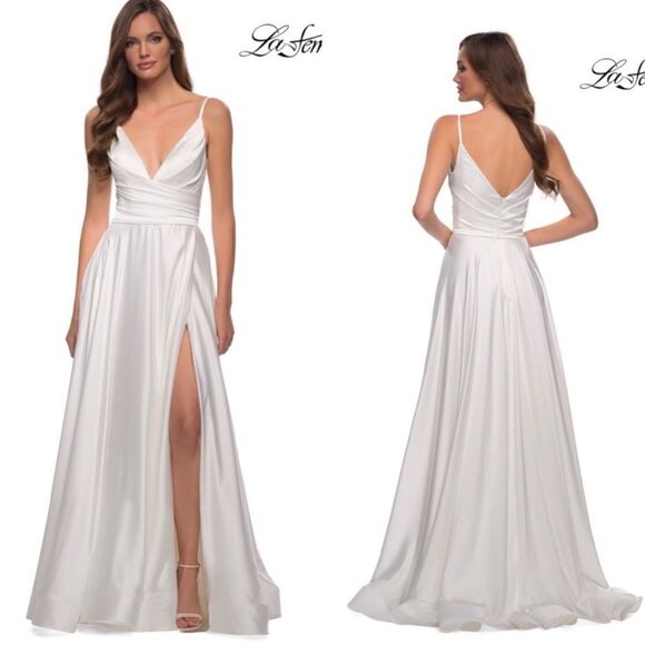 La Femme NWT 28607 Strappy Back Satin Ballgown in White Size 4 - Picture 1 of 5